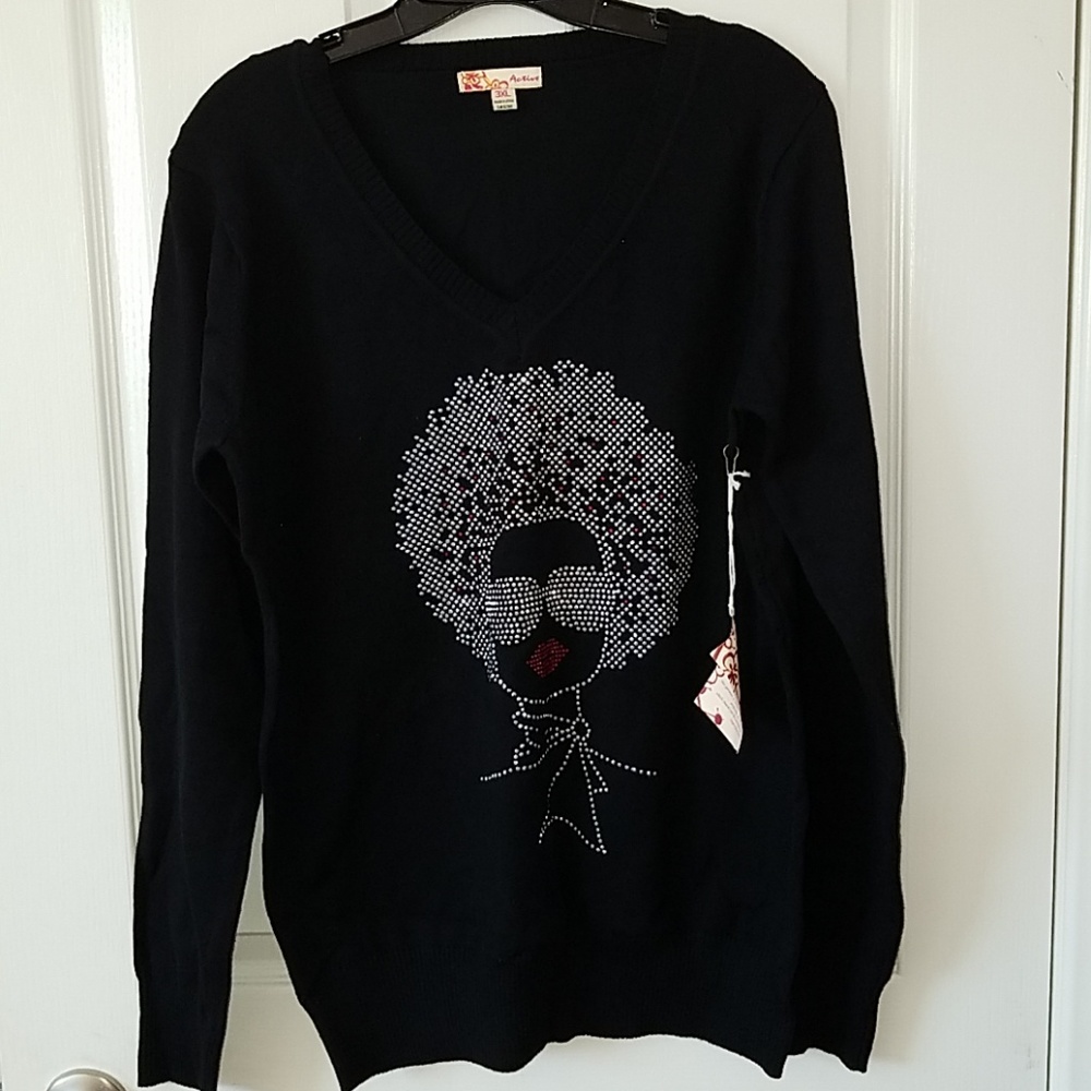 Afro Lady *Silver Rhinestone V-Neck Sweat e